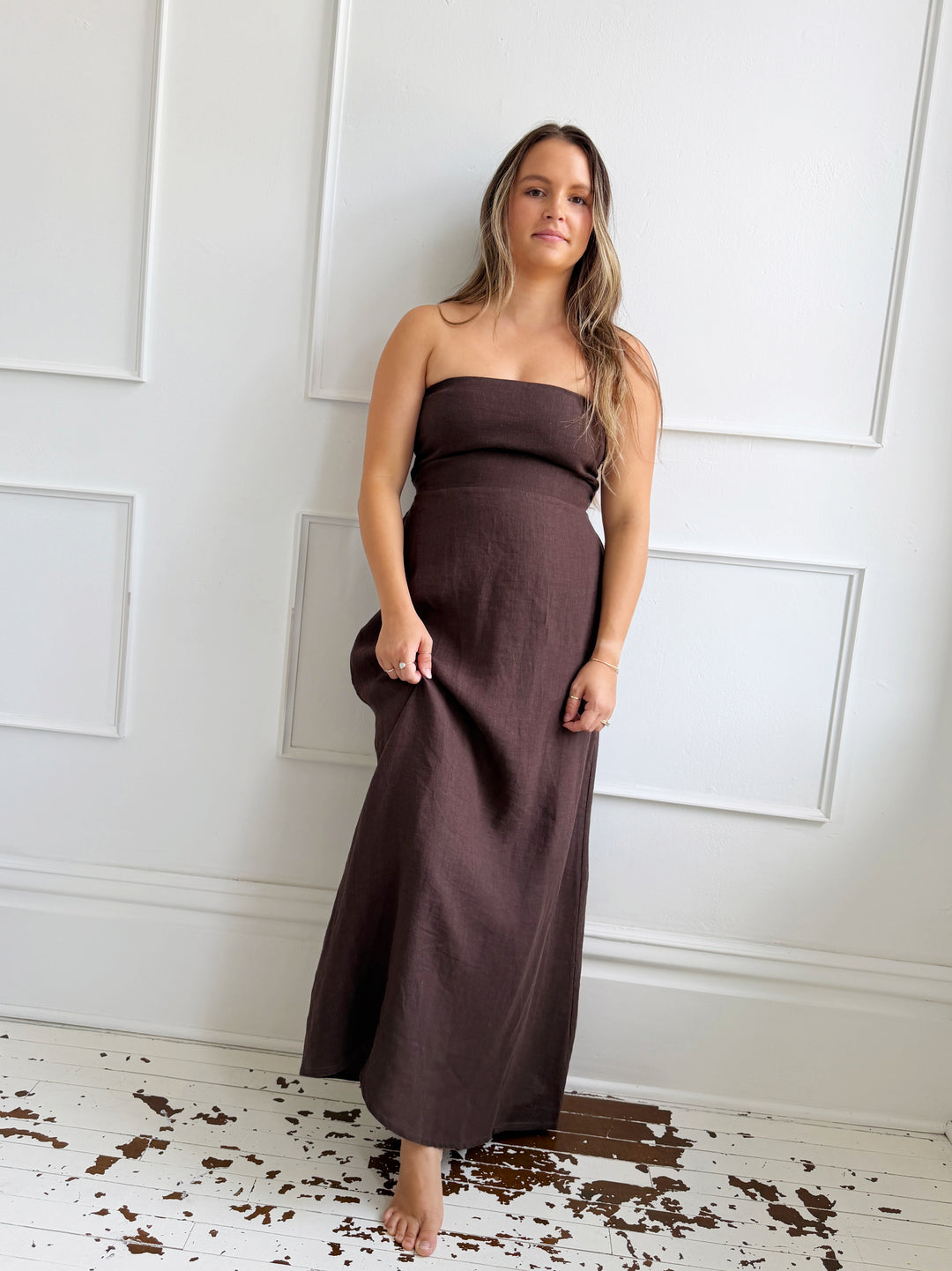 Linen Strapless Midi Dress