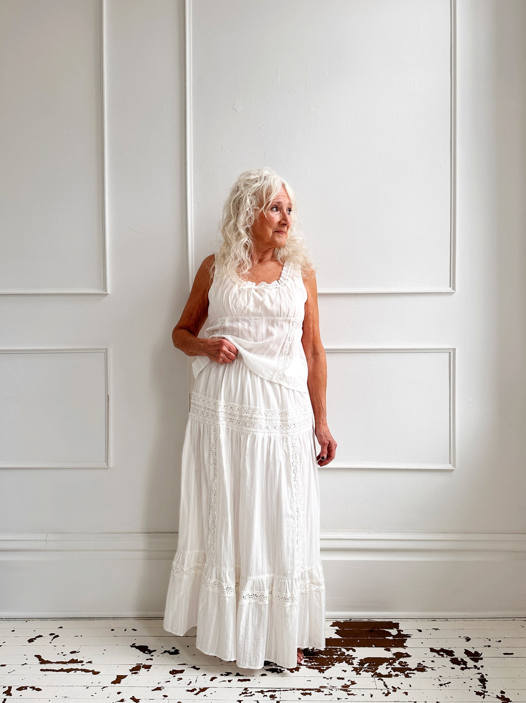 Cotton Midi Skirt w/ Inset Lace
