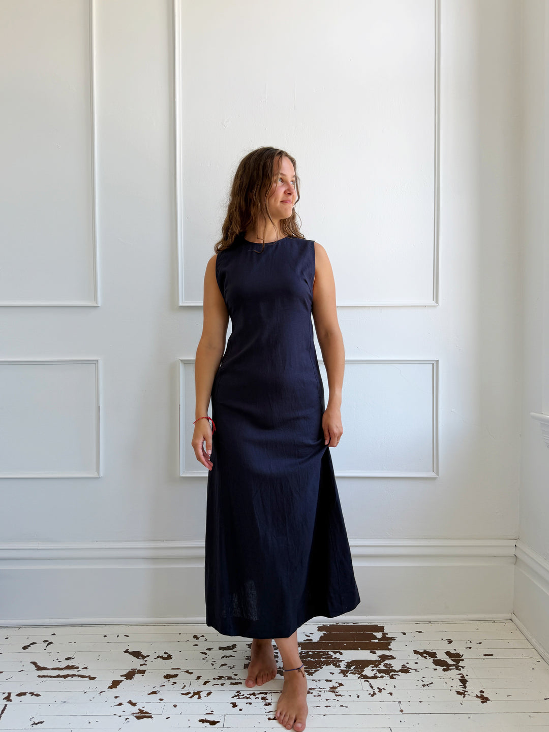 Linen High Neck Midi Dress