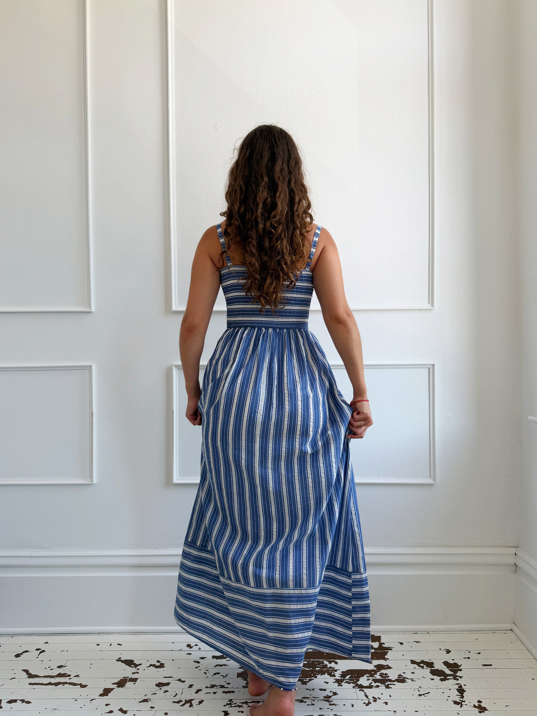 Basque Waist Smocked Midi Dress