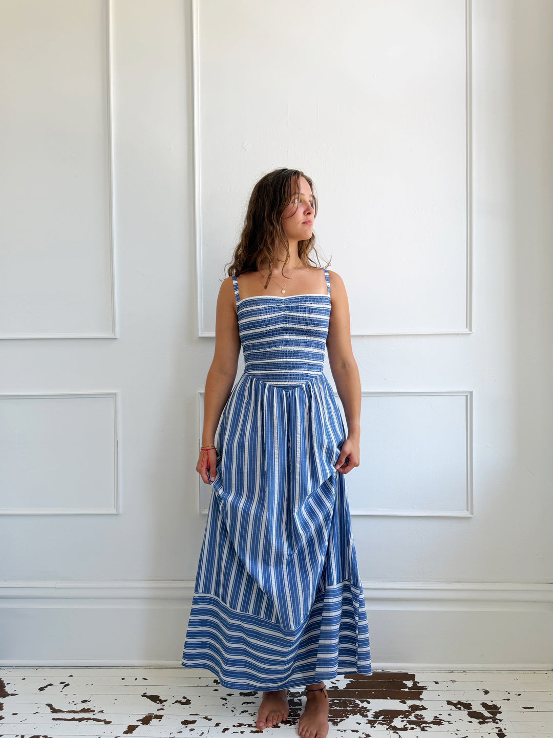 Basque Waist Smocked Midi Dress