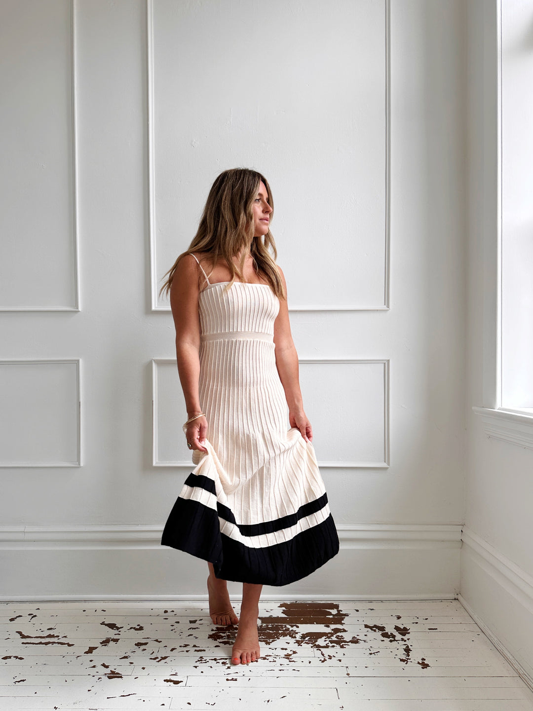 Ribbed Spaghetti Strap Dress w/ Block Hem