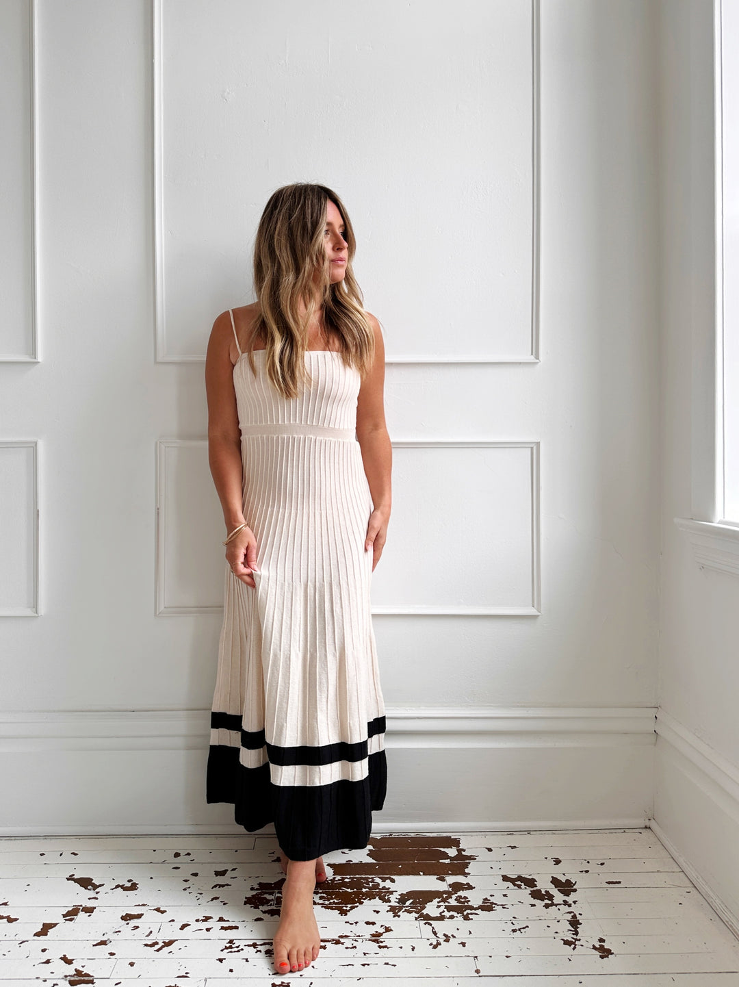 Ribbed Spaghetti Strap Dress w/ Block Hem