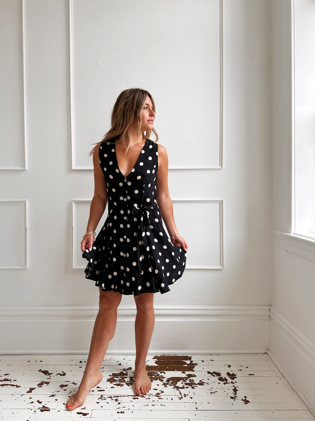 Polka Dot Mini Dress w/ Button Front
