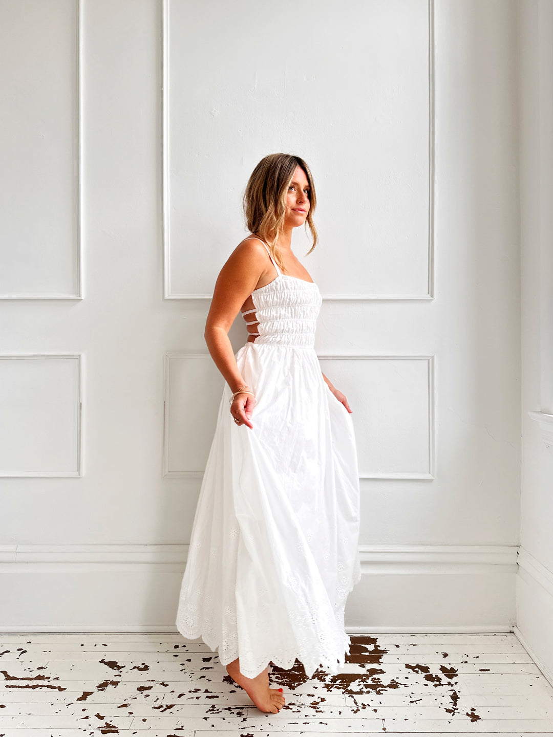 Gathered Bodice Eyelet Midi Dress