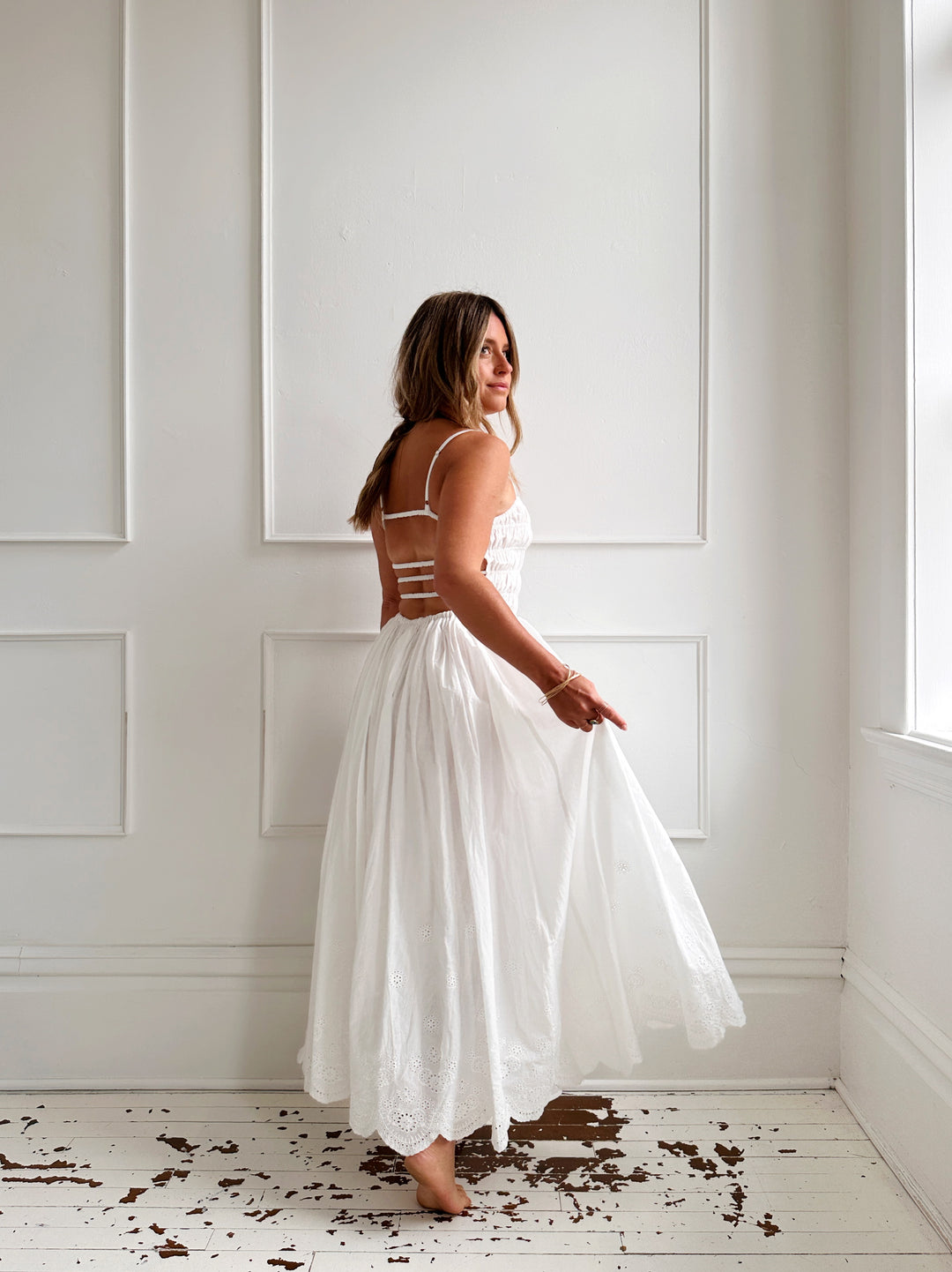 Gathered Bodice Eyelet Midi Dress