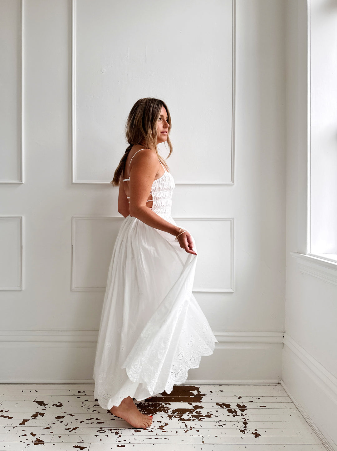 Gathered Bodice Eyelet Midi Dress