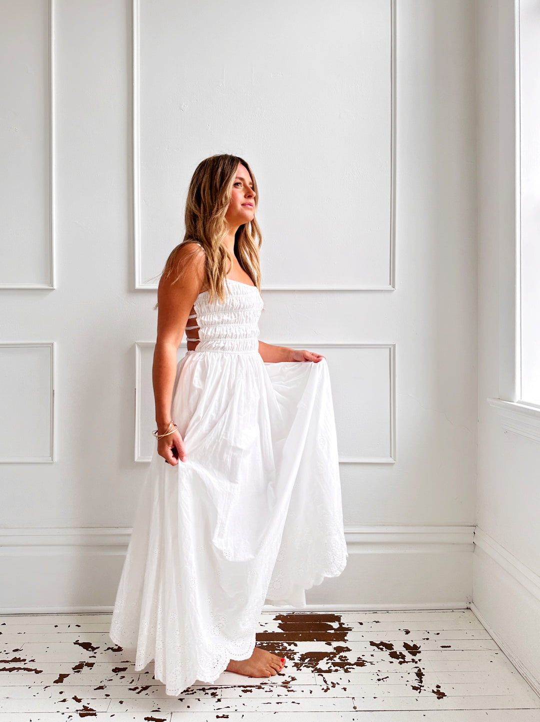 Gathered Bodice Eyelet Midi Dress