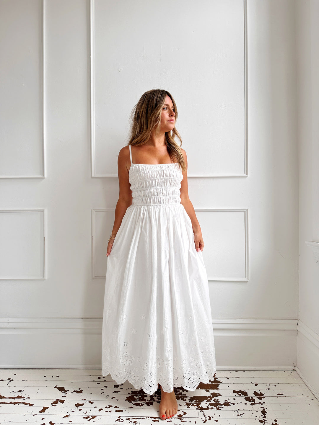 Gathered Bodice Eyelet Midi Dress