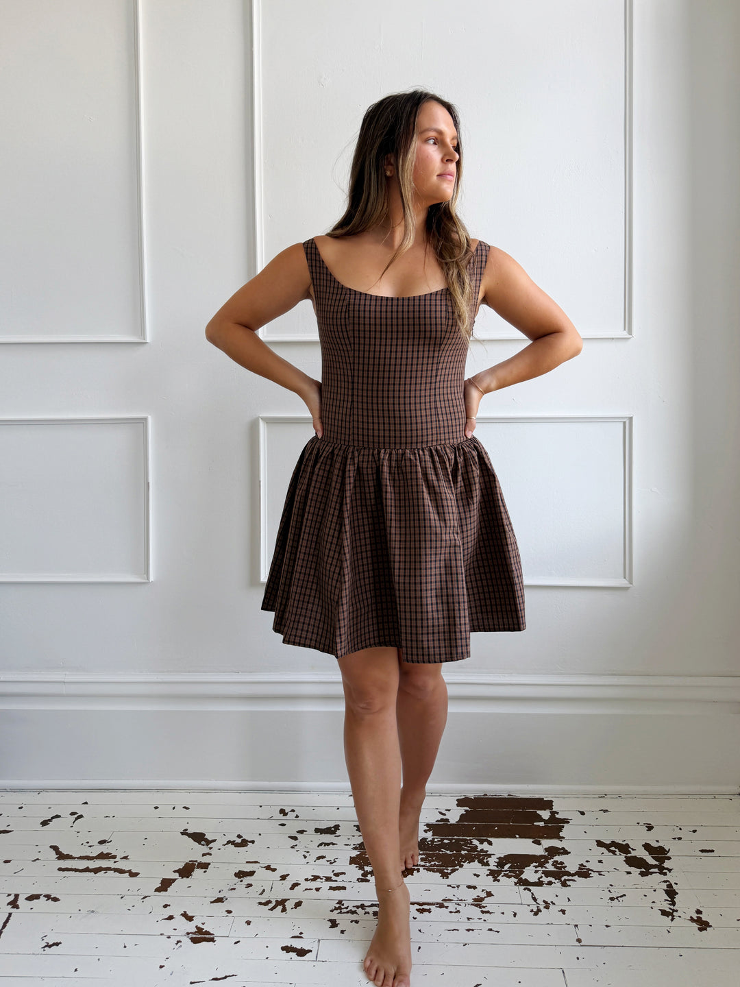 Scoop Neck Plaid Mini Dress