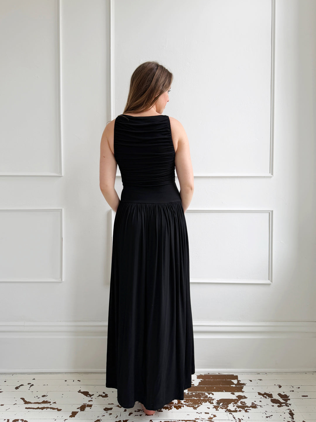 Ruched Drop Waist Midi Dress