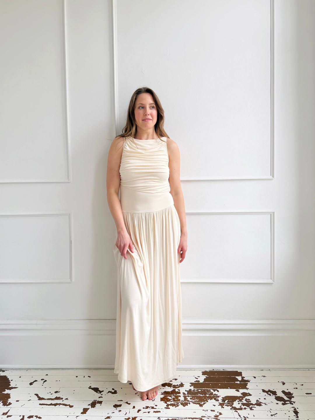 Ruched Drop Waist Midi Dress