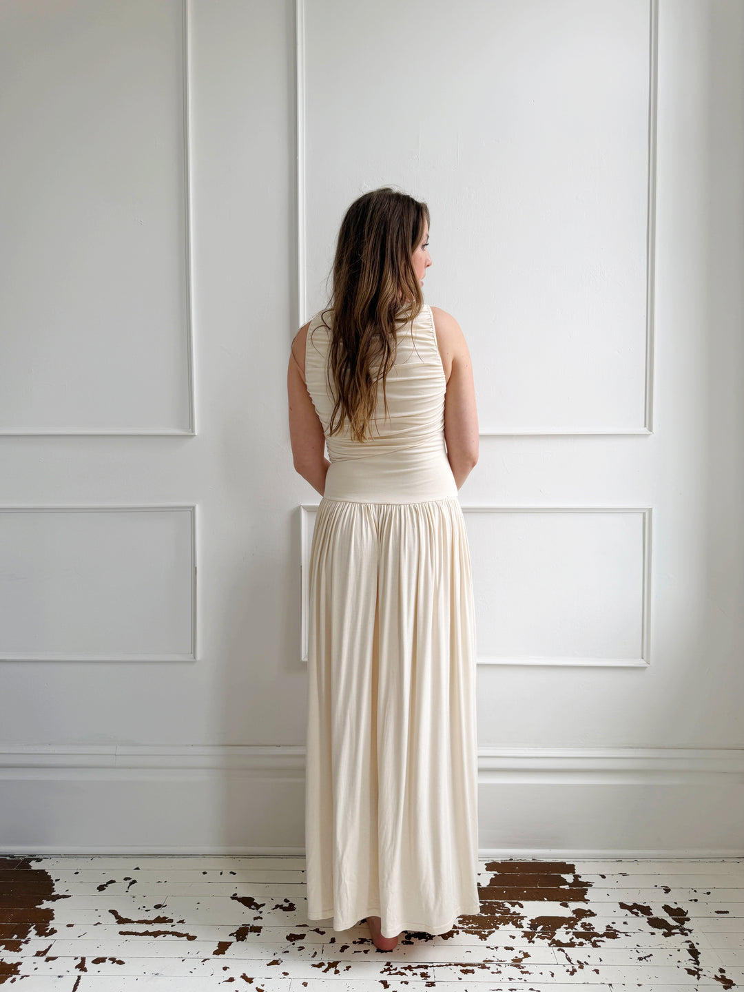 Ruched Drop Waist Midi Dress