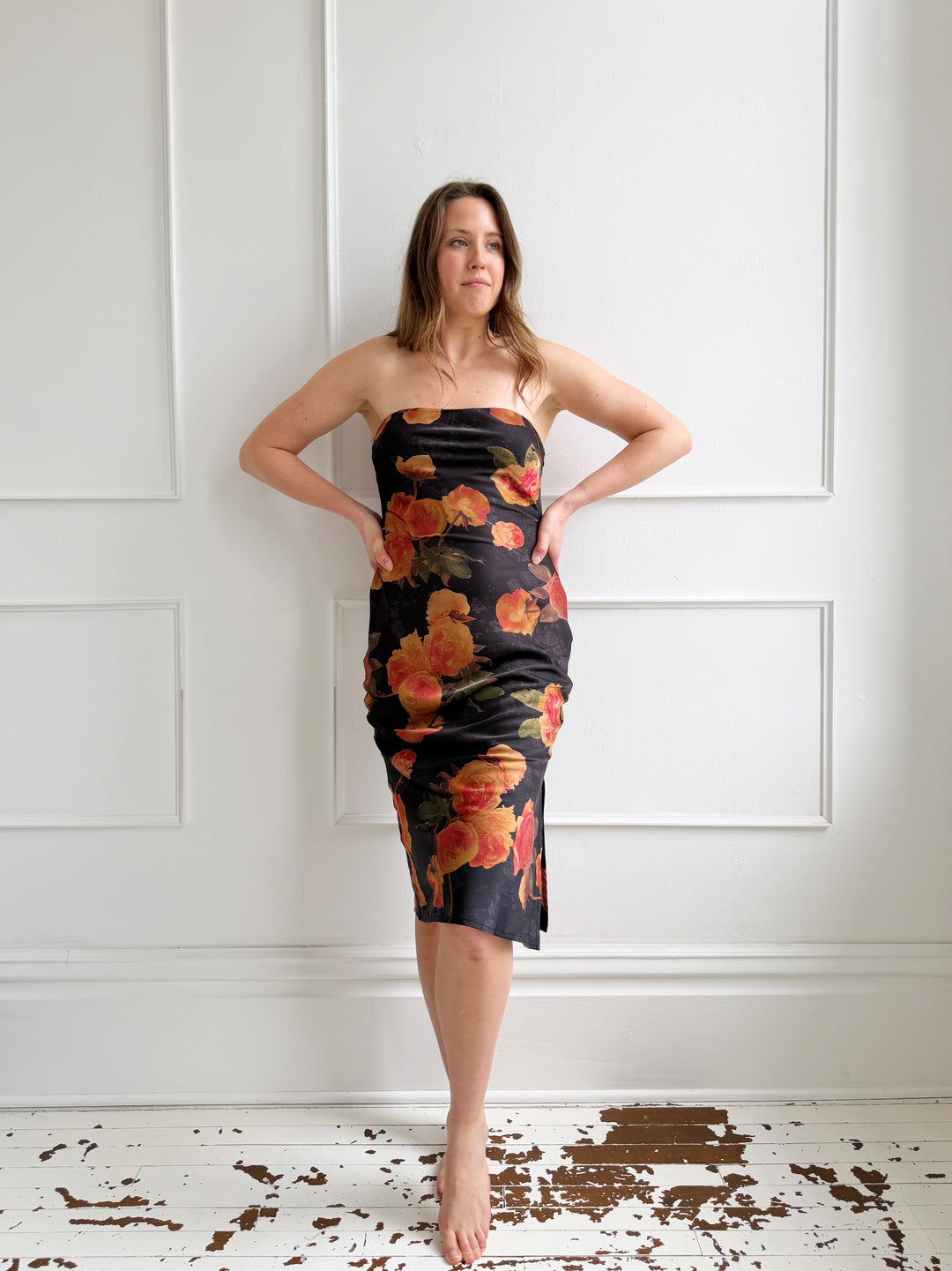 Satin Floral Strapless Dress