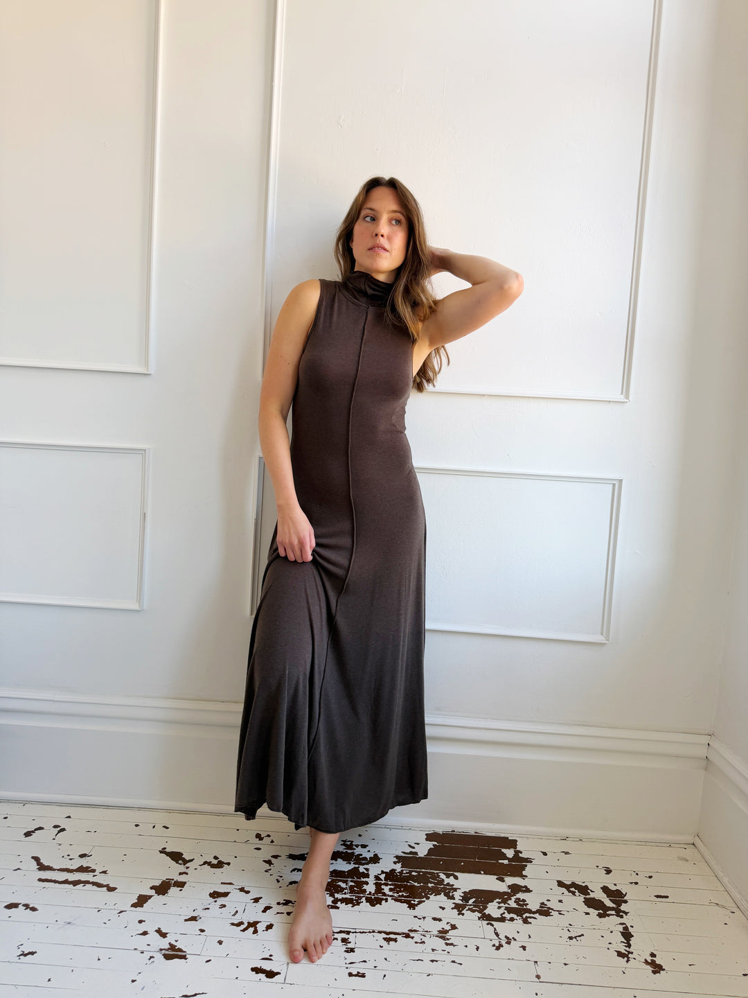 Jersey Knit Mock Neck Maxi Dress