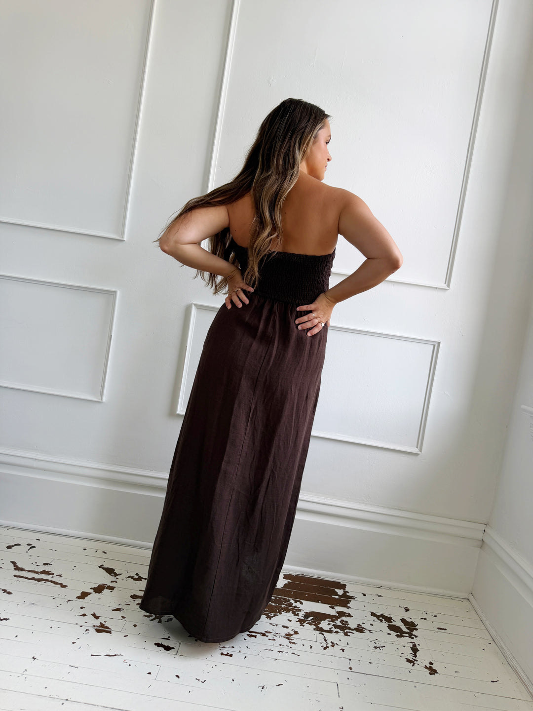 Linen Strapless Midi Dress