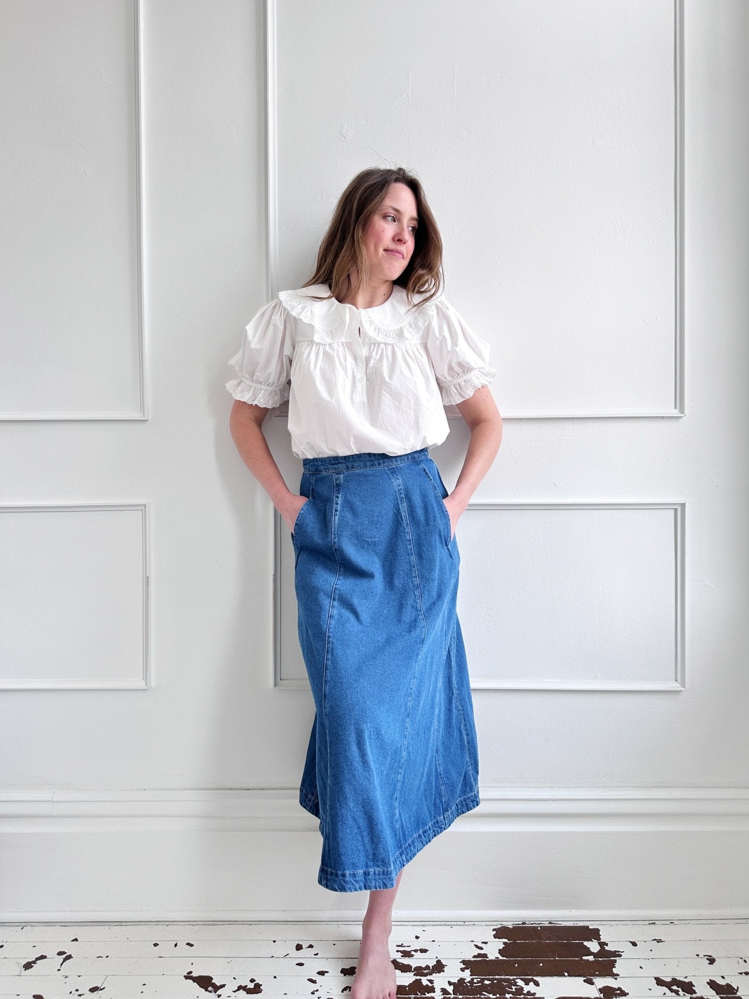 A - Line Denim Midi Skirt - Spring Sweet