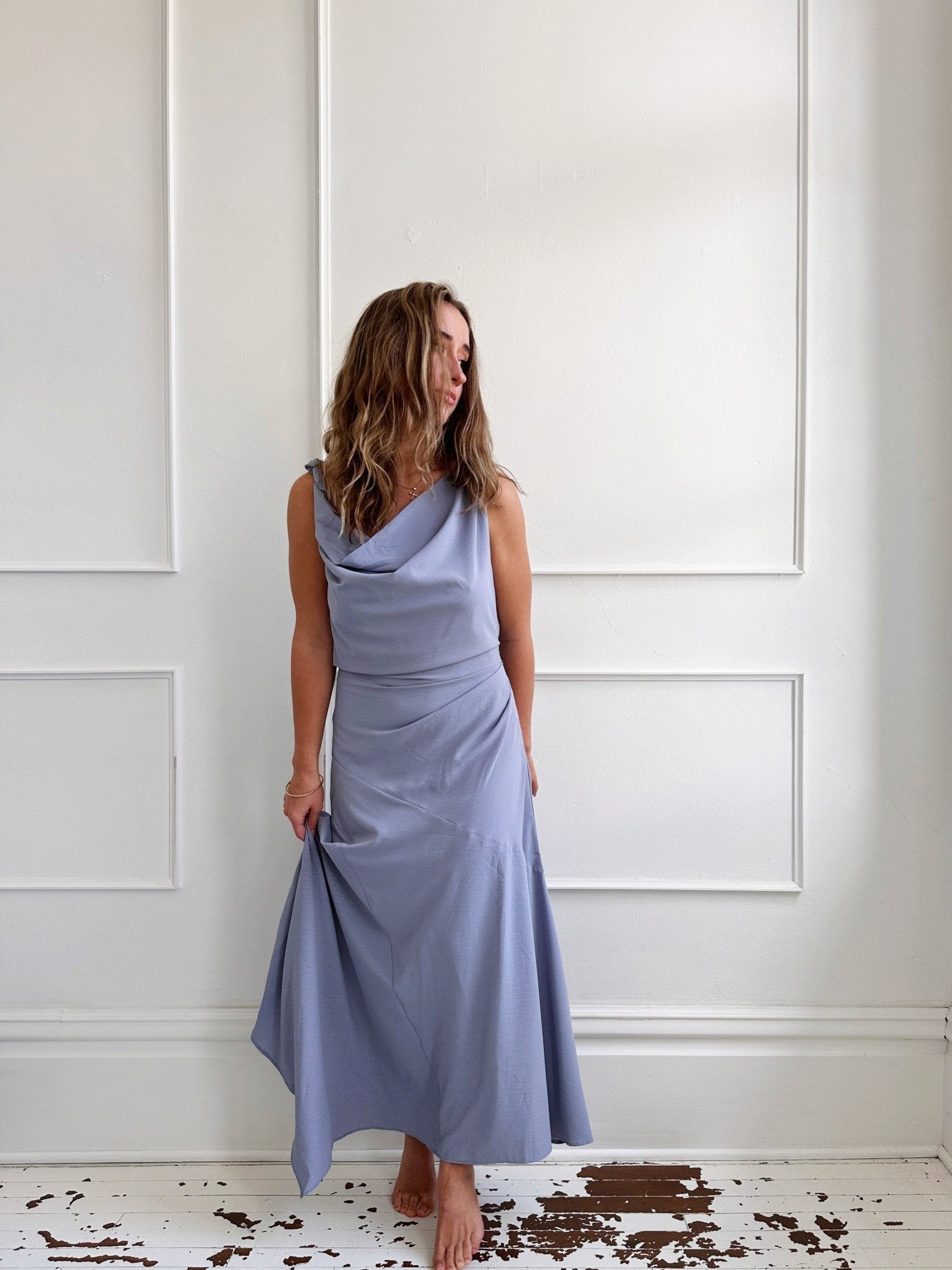 Asymmetrical Midi Dress w Cowl - Spring Sweet