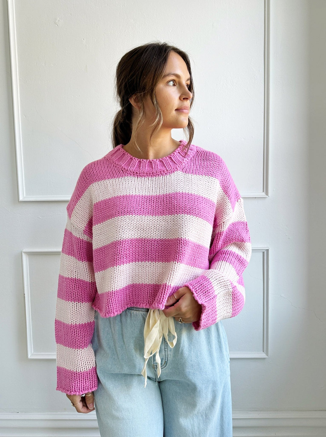 Chunky Cropped Stripe Sweater - Spring Sweet