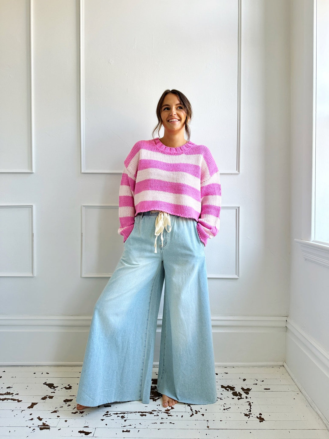 Chunky Cropped Stripe Sweater - Spring Sweet