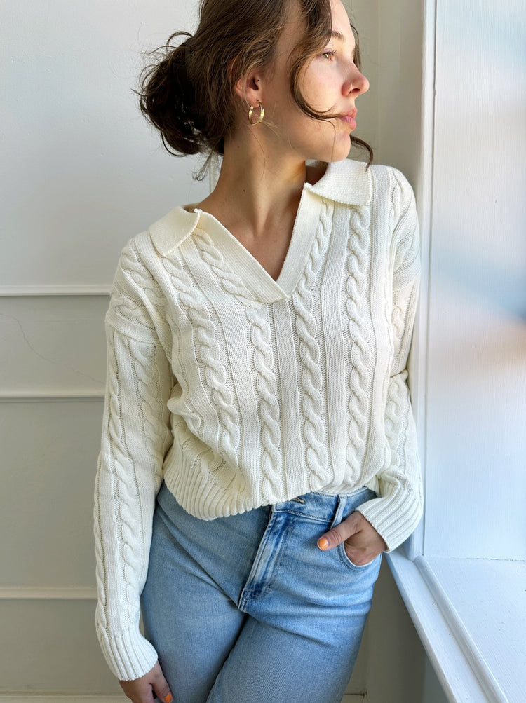 Collared Cable Knit Sweater - Spring Sweet