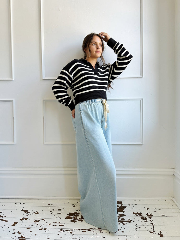 Collared Striped Crop Sweater - Spring Sweet