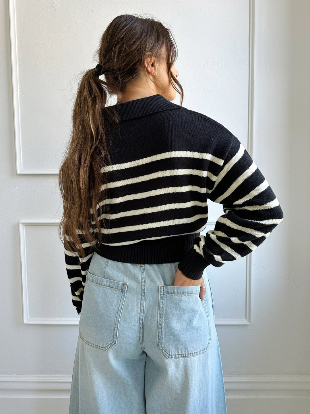 Collared Striped Crop Sweater - Spring Sweet