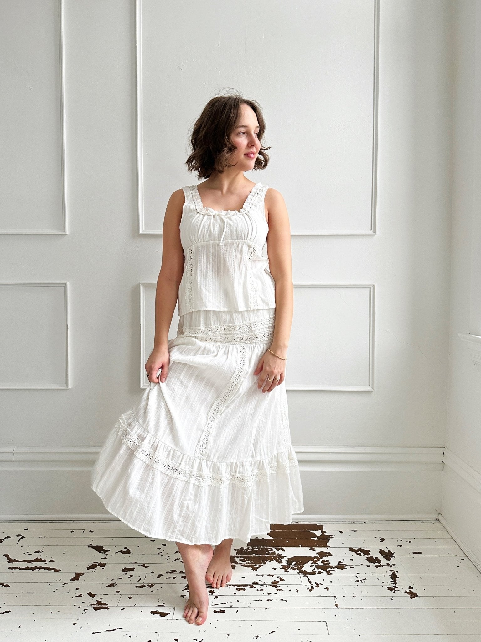 Cotton Midi Skirt w/ Inset Lace - Spring Sweet