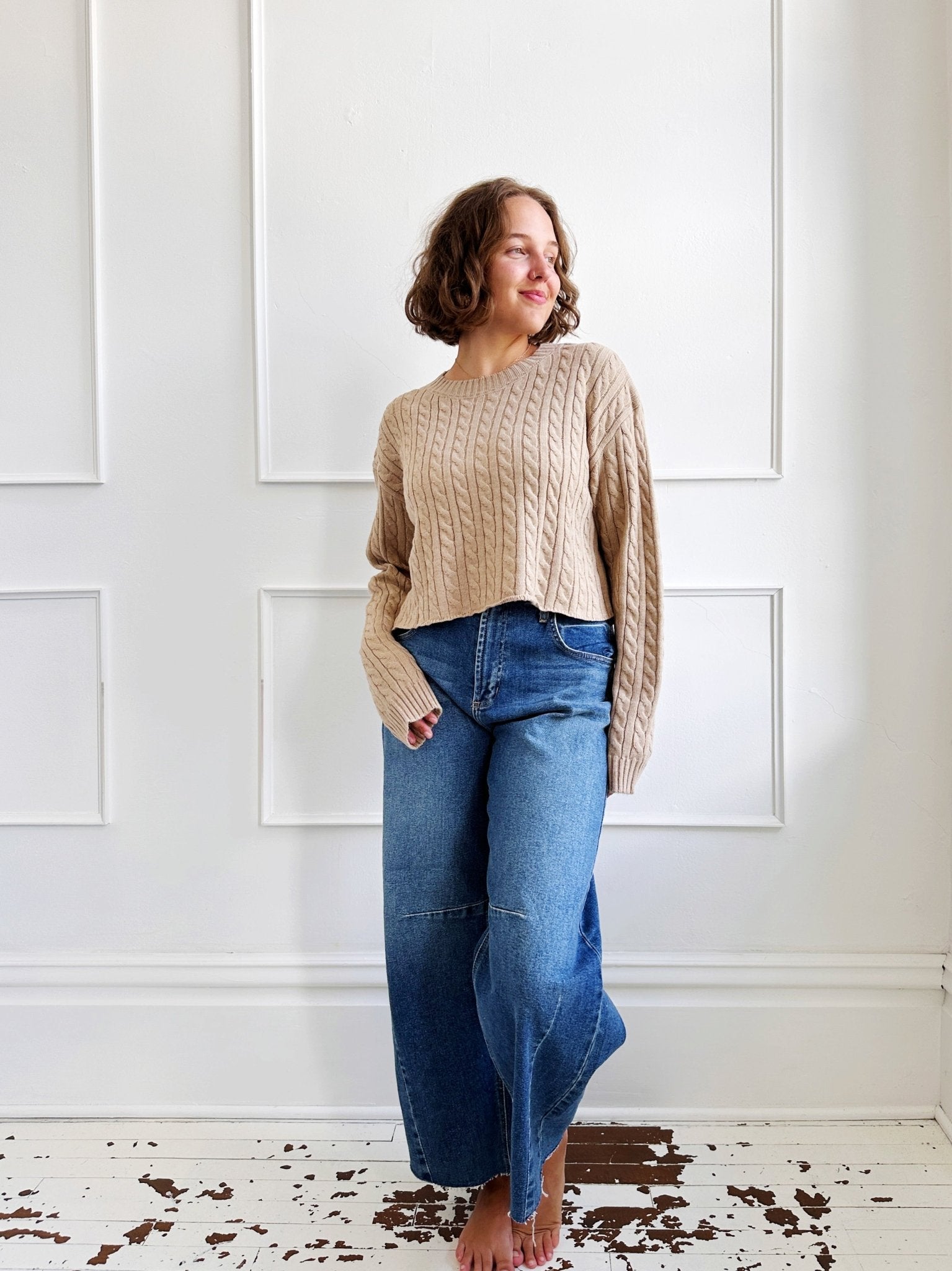 Cropped Cable Knit Sweater - Spring Sweet