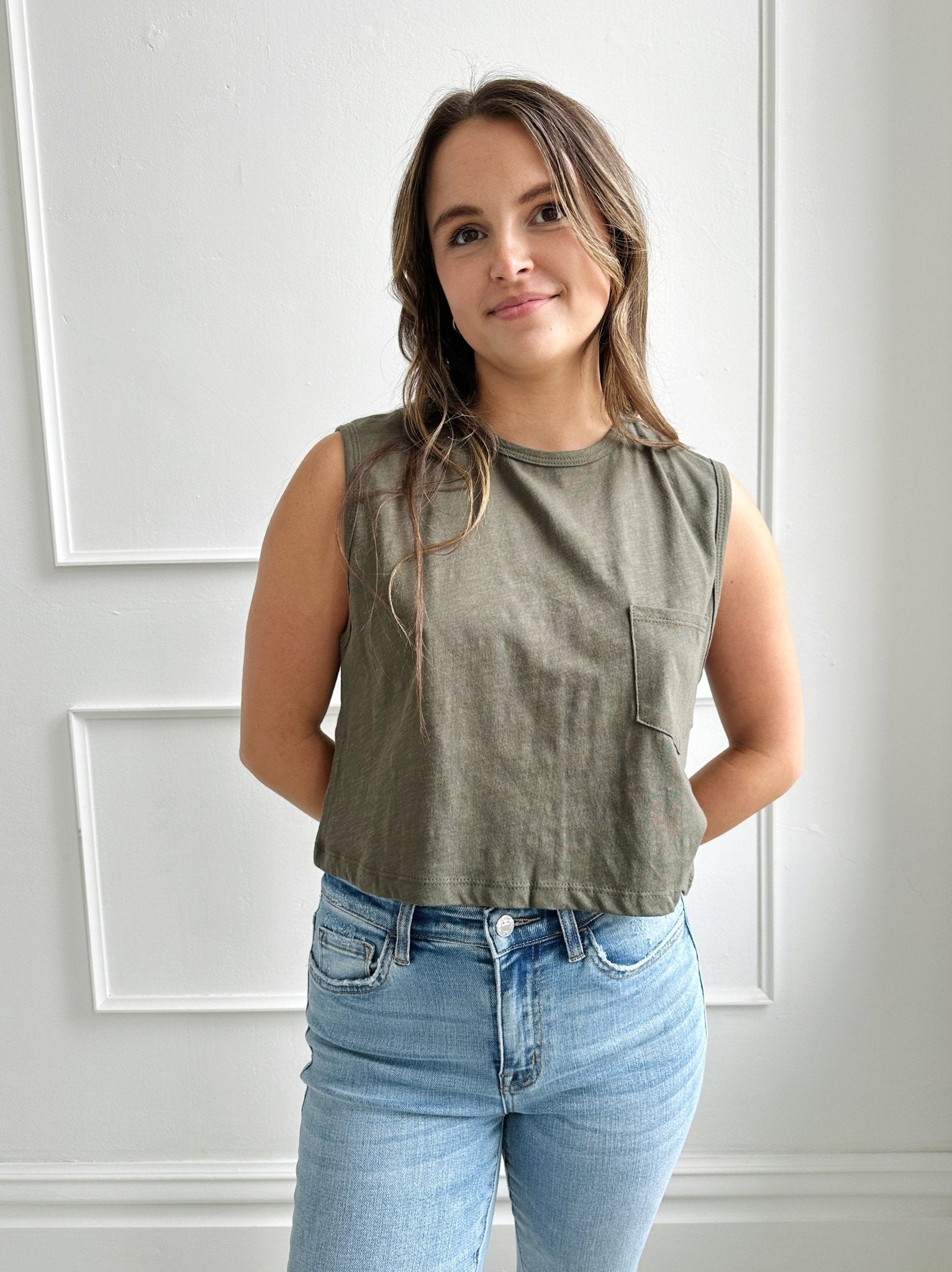 Cropped Muscle Tee w/ Pocket - Spring Sweet
