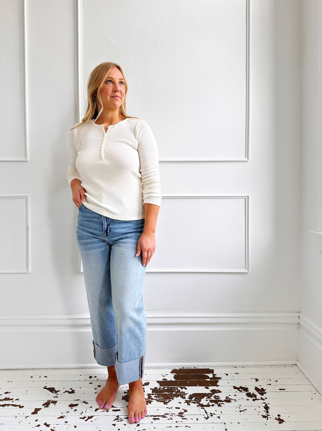 Cuffed High Rise Straight Denim - Spring Sweet