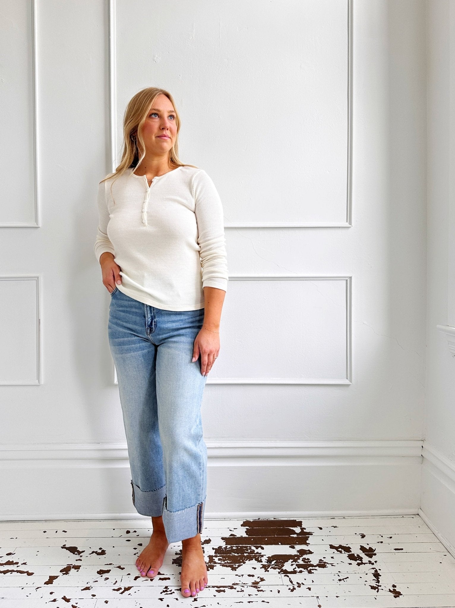 Cuffed High Rise Straight Denim - Spring Sweet