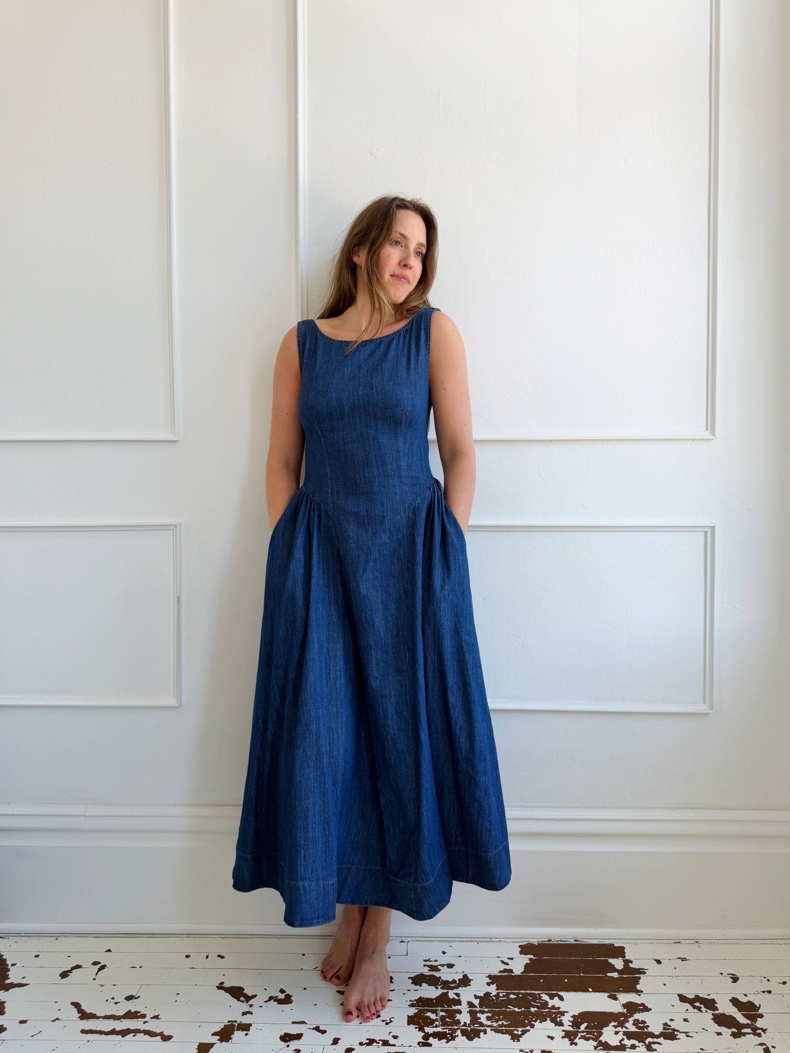 Denim Basque Waist Dress Medium / Dark Wash