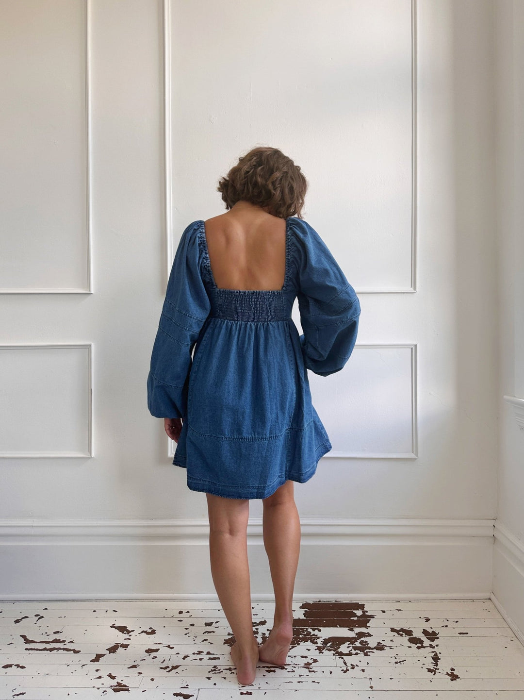 Denim Empire Waist Mini Dress - Spring Sweet