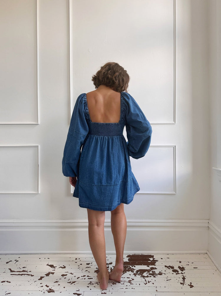 Denim Empire Waist Mini Dress - Spring Sweet