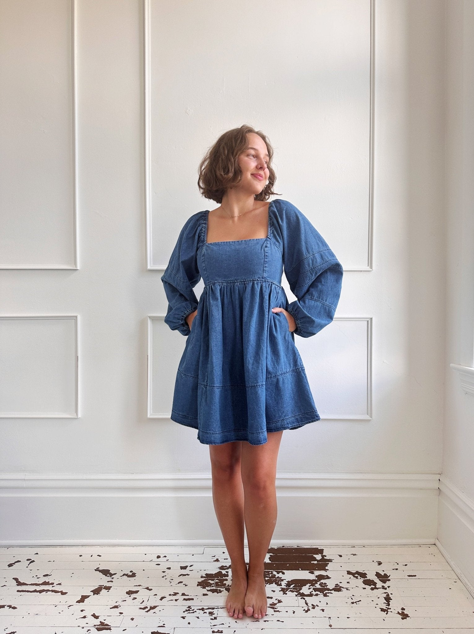 Denim Empire Waist Mini Dress - Spring Sweet