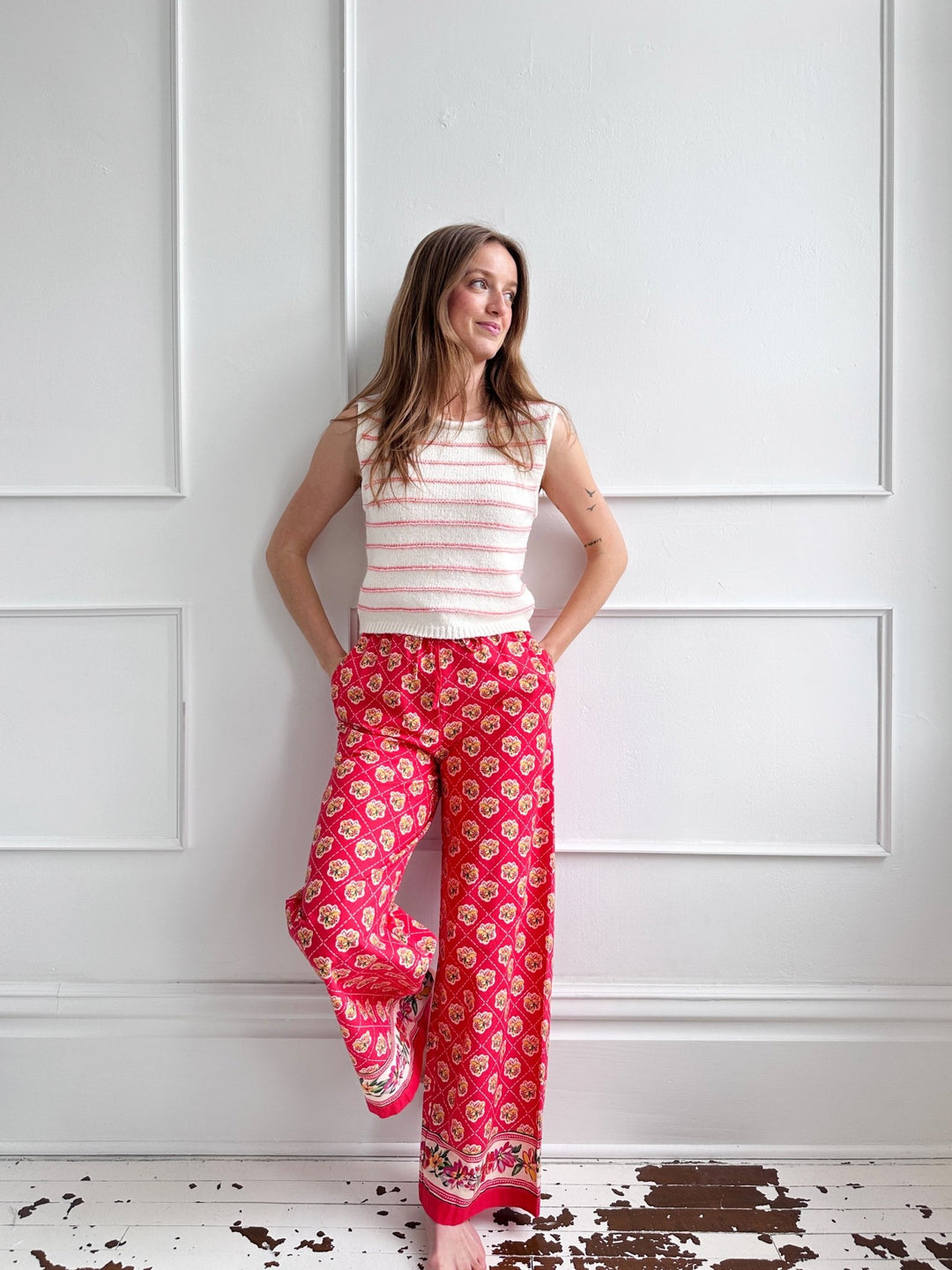 Diamond Floral Wide - Leg Pants - Spring Sweet