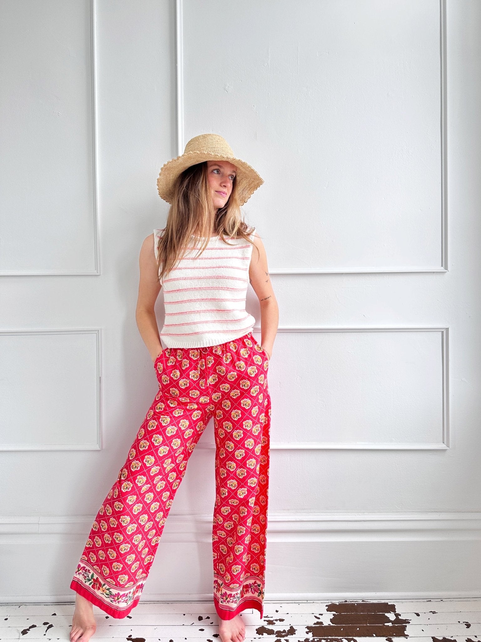Diamond Floral Wide - Leg Pants - Spring Sweet