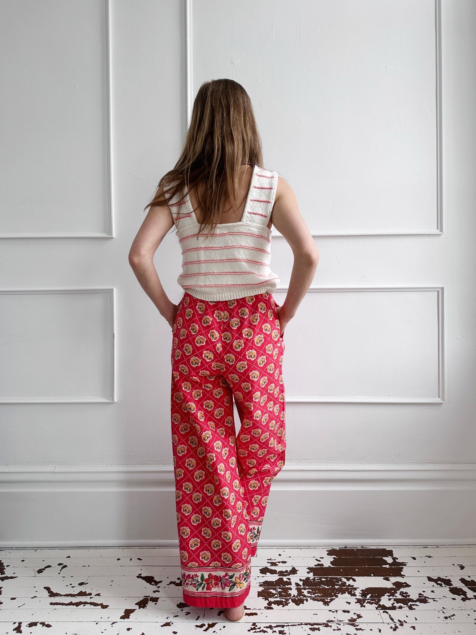 Diamond Floral Wide - Leg Pants - Spring Sweet