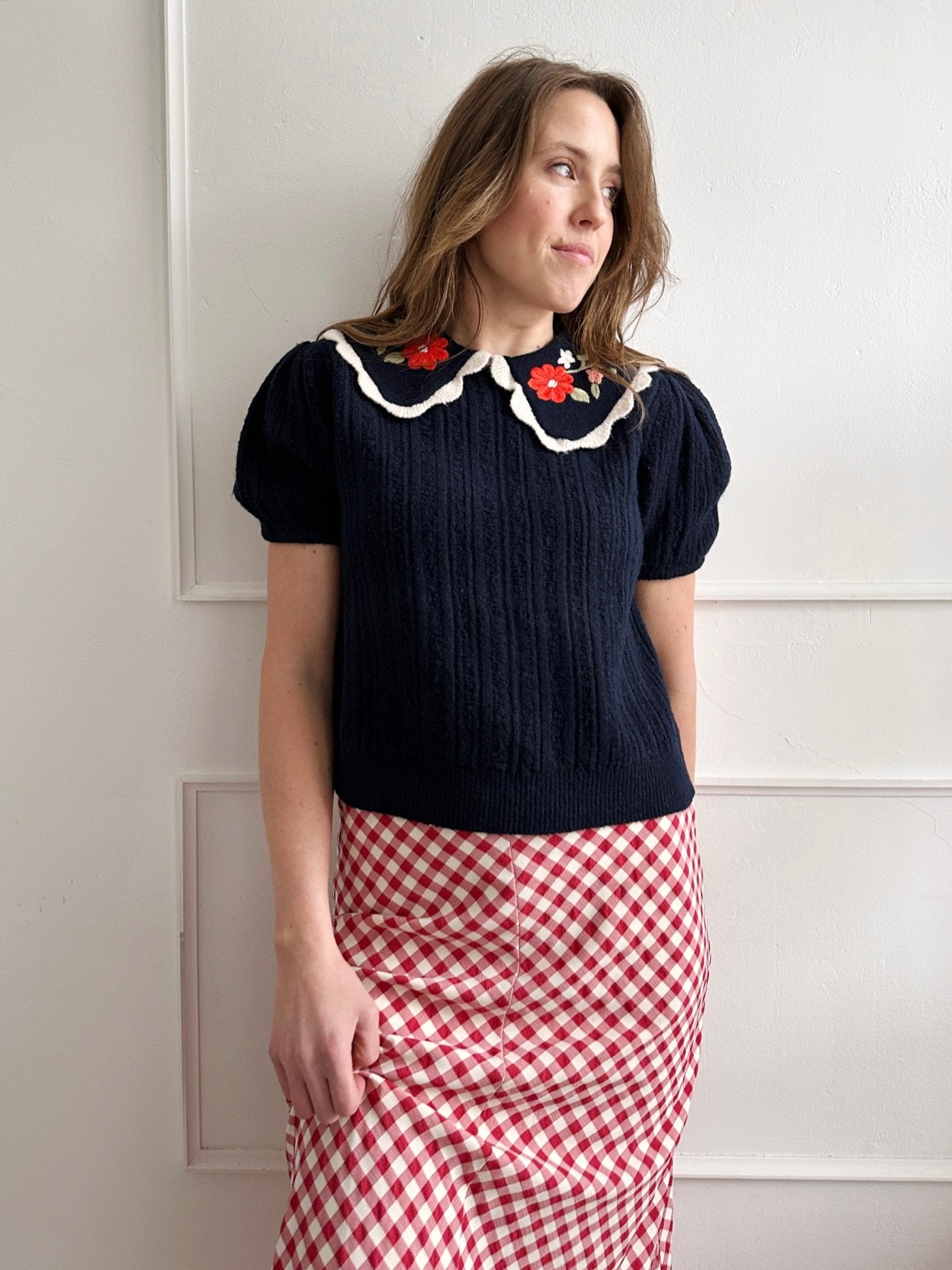 Embroidered Collar Knit Top - Spring Sweet