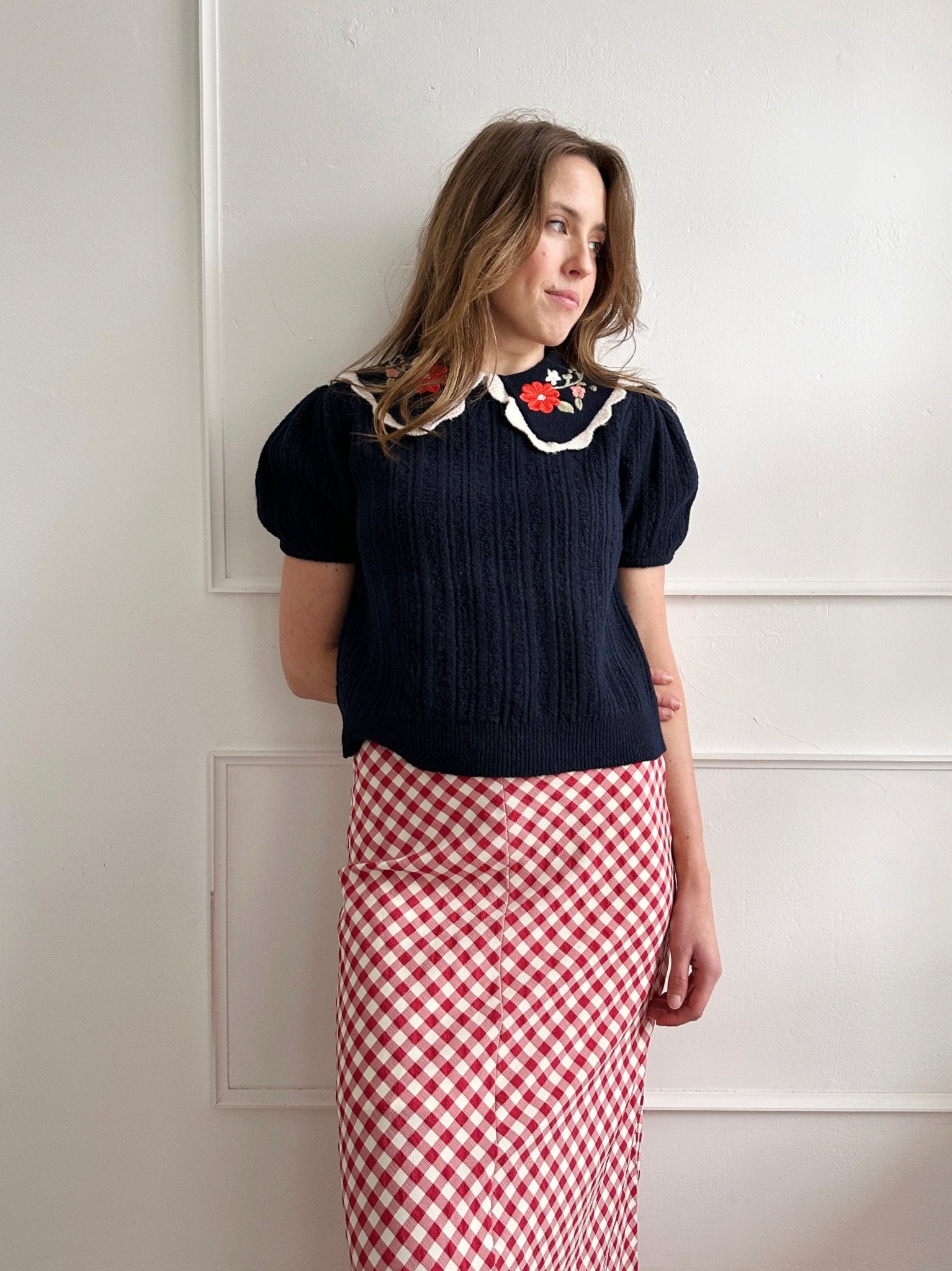 Embroidered Collar Knit Top - Spring Sweet