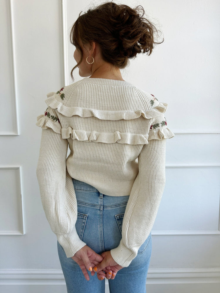 Embroidered Ruffle Knit Sweater - Spring Sweet