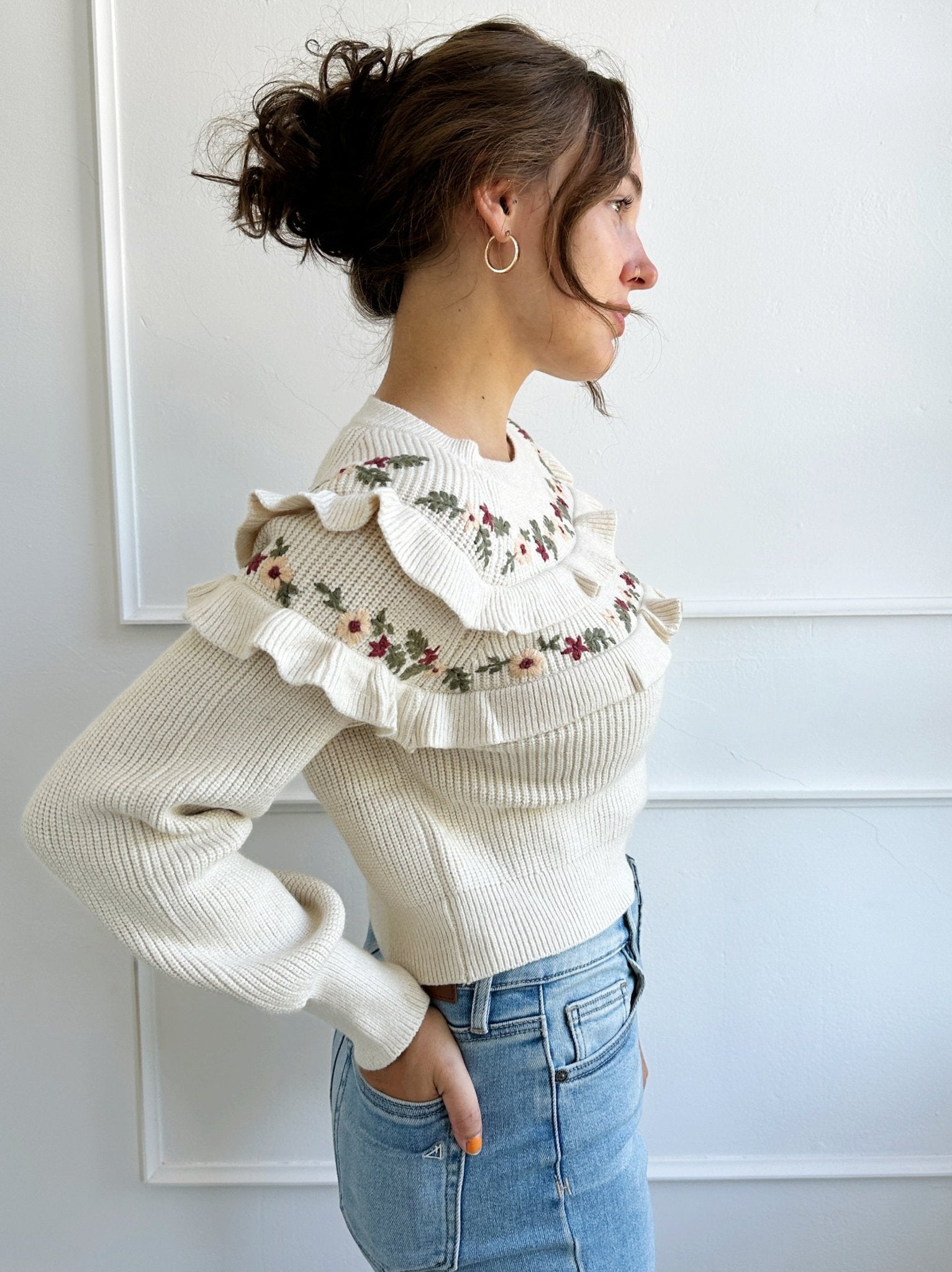 Embroidered Ruffle Knit Sweater - Spring Sweet