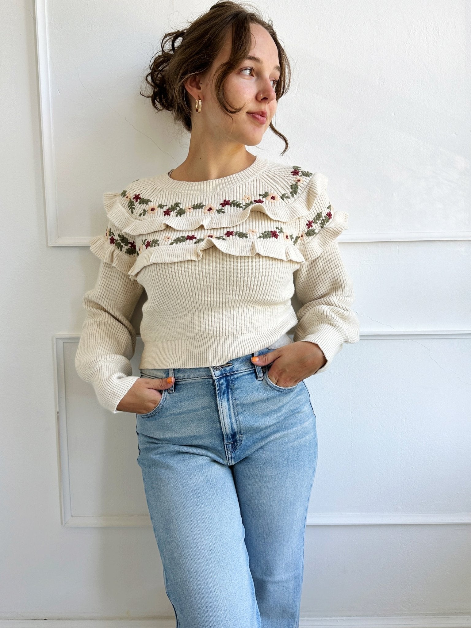 Embroidered Ruffle Knit Sweater - Spring Sweet