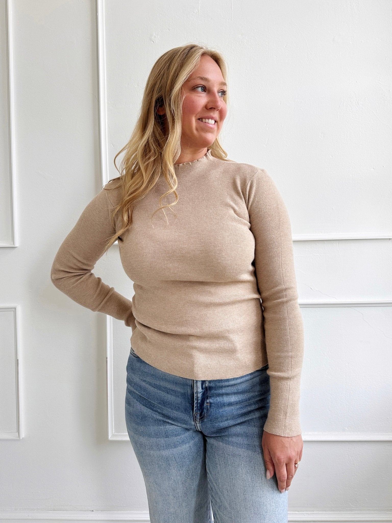 Fine Knit Mock Neck Sweater - Spring Sweet