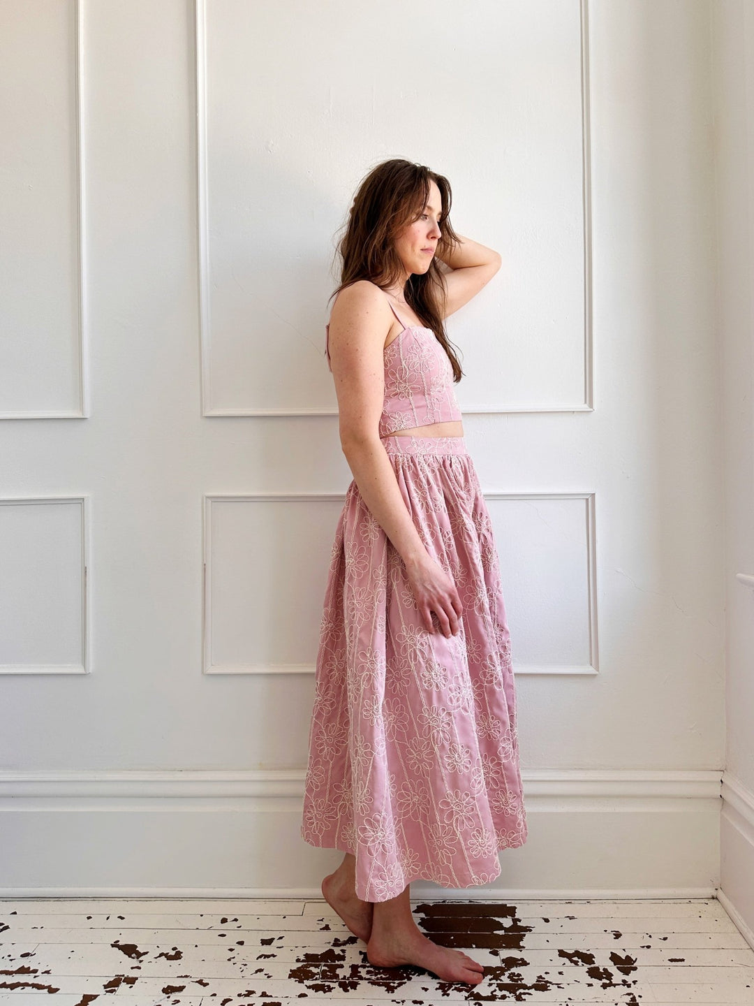 Floral Embroidered Midi Skirt - Spring Sweet
