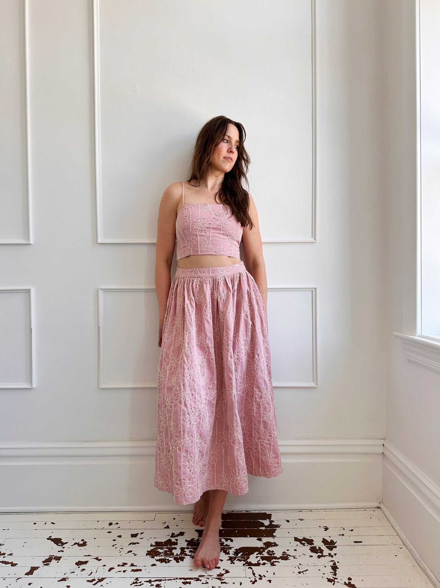 Floral Embroidered Midi Skirt - Spring Sweet