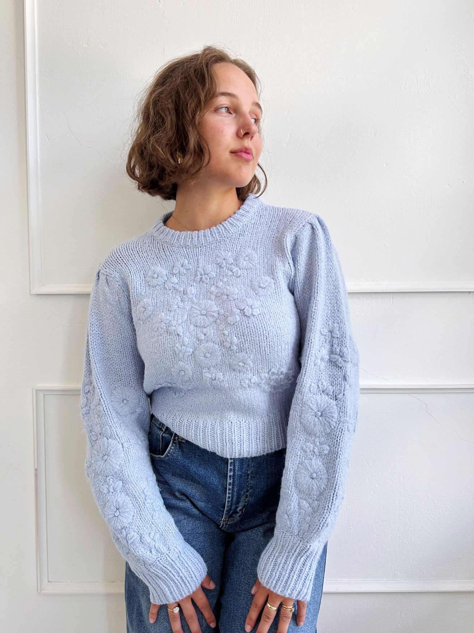 Floral Embroidered Sweater W/ Puff Sleeves - Spring Sweet
