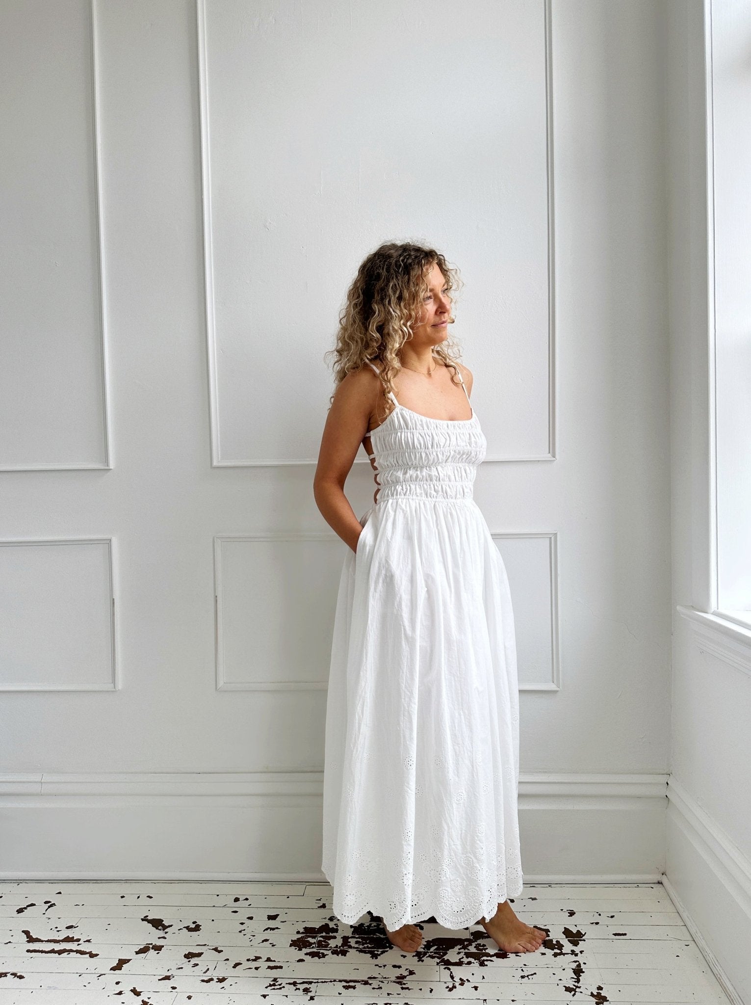 Gathered Bodice Eyelet Midi Dress - Spring Sweet