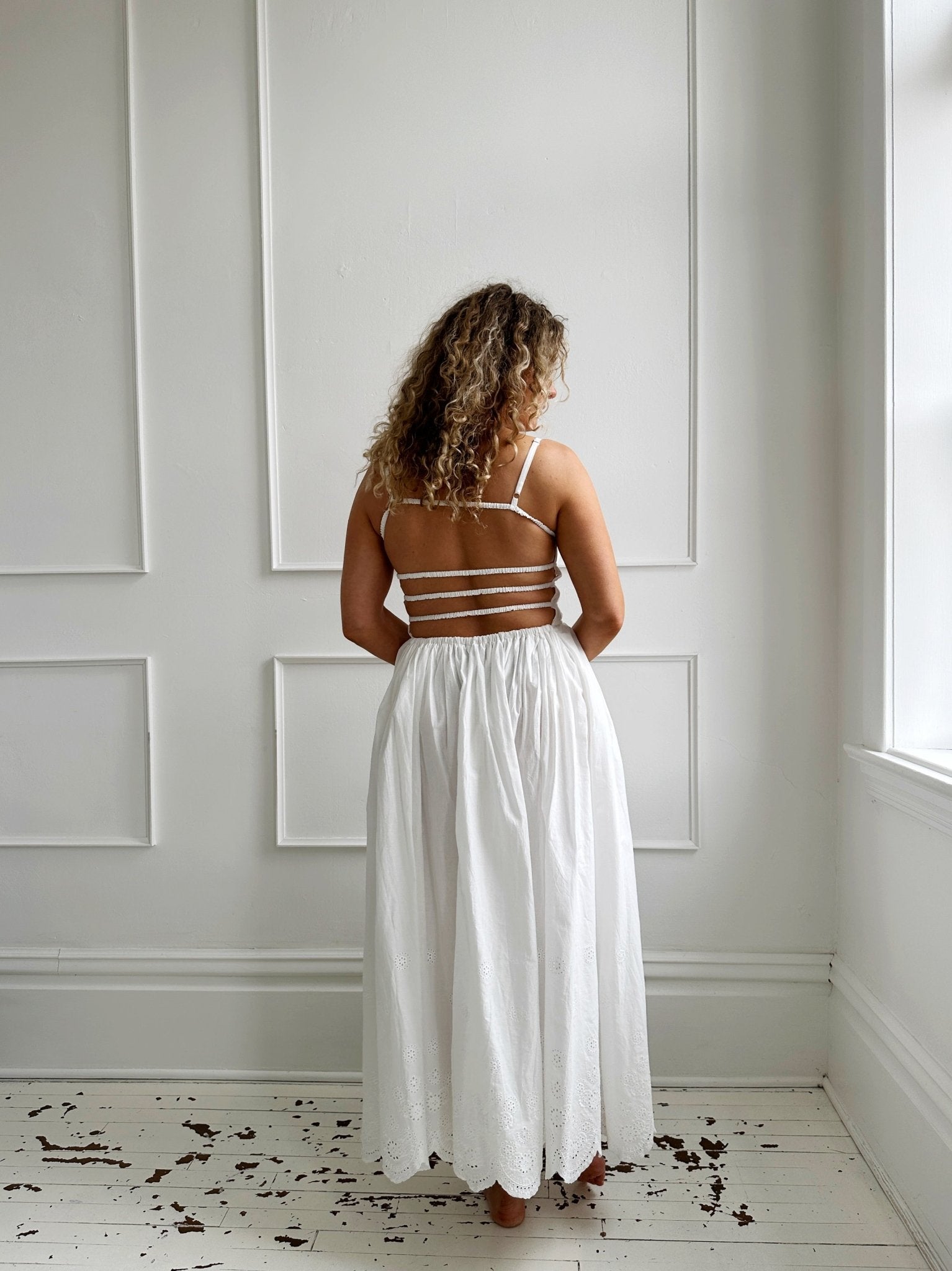 Gathered Bodice Eyelet Midi Dress - Spring Sweet